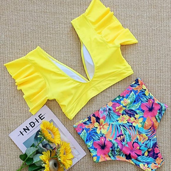 SPORLIKE Women Ruffle High Waist Swimsuit Two Pieces Push Up Tropical - Picture 5 of 8
